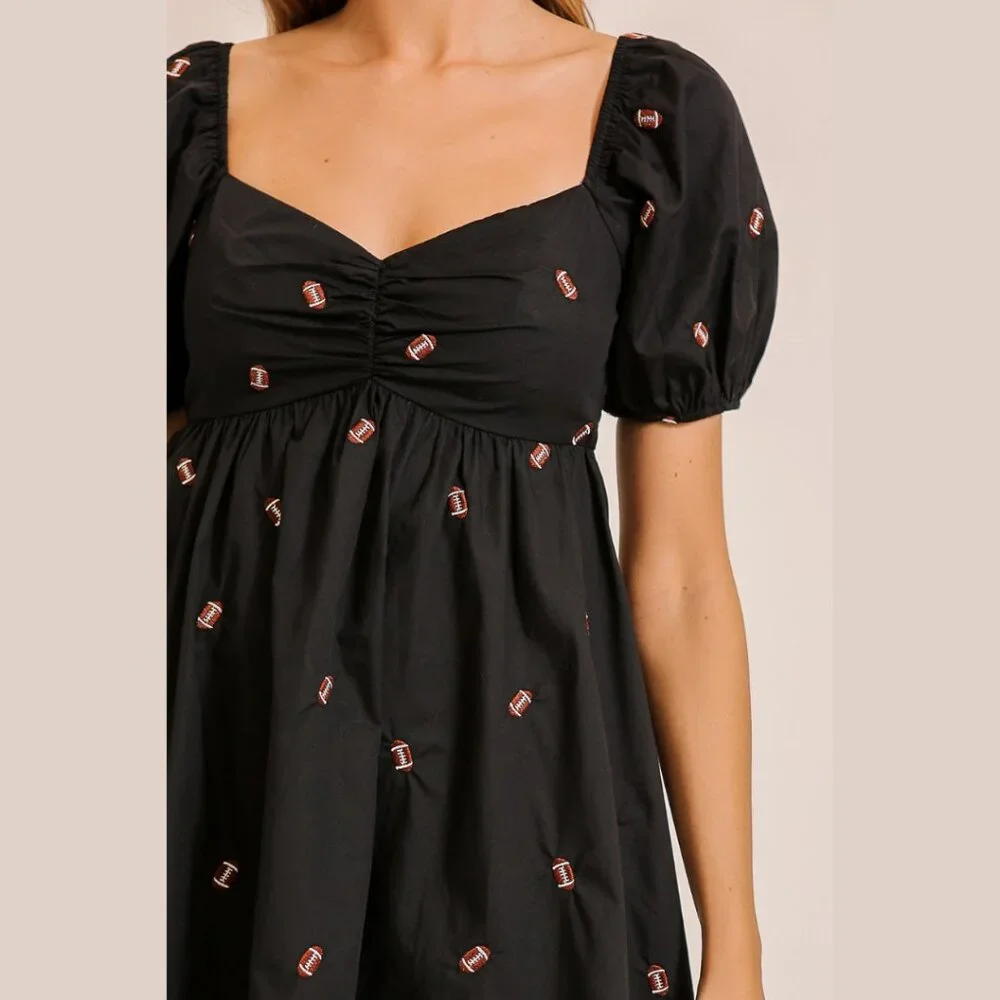 TIMING Football Mini Dress Black Puff Sleeve Sweetheart Neck Game Day Y2K - Picture 5 of 8
